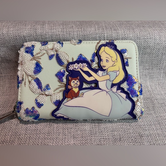 Loungefly Disney Alice in Wonderland Alice & Dinah Floral Sequin Wallet - Picture 2 of 11